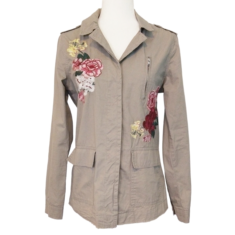 BKE 100% Cotton Khaki Floral Embroidered Lightweight Utility Jacket Boho